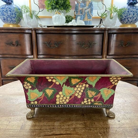 Vintage hand painted metal toleware footed planter cachepot - Picture 1 of 5
